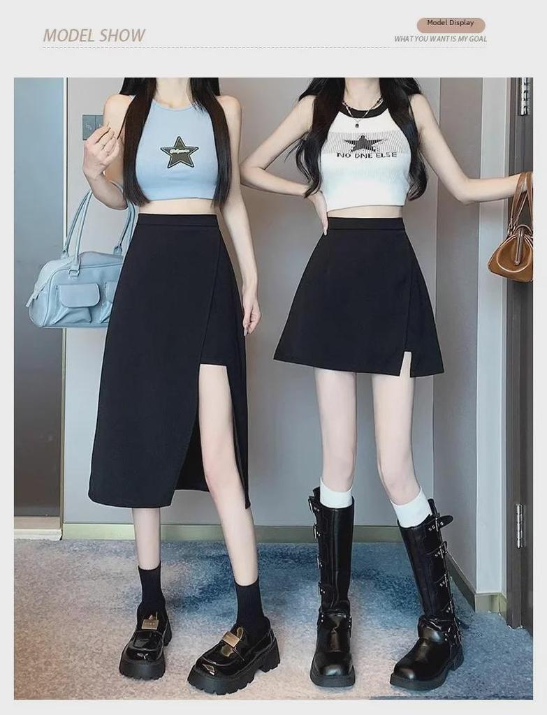 Весенняя юбка-миди в корейском стиле с высокой талией и разрезом 2024 года