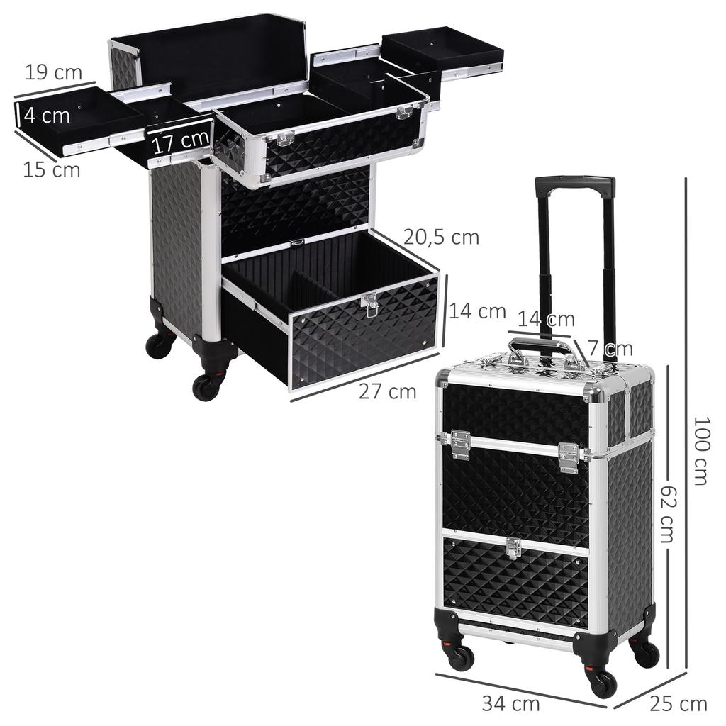 Makeup Trolley Case Cosmetic Case Vanity Case Adjustable Telescopic Handle 34L x 25W x 62H cm Aluminum Black