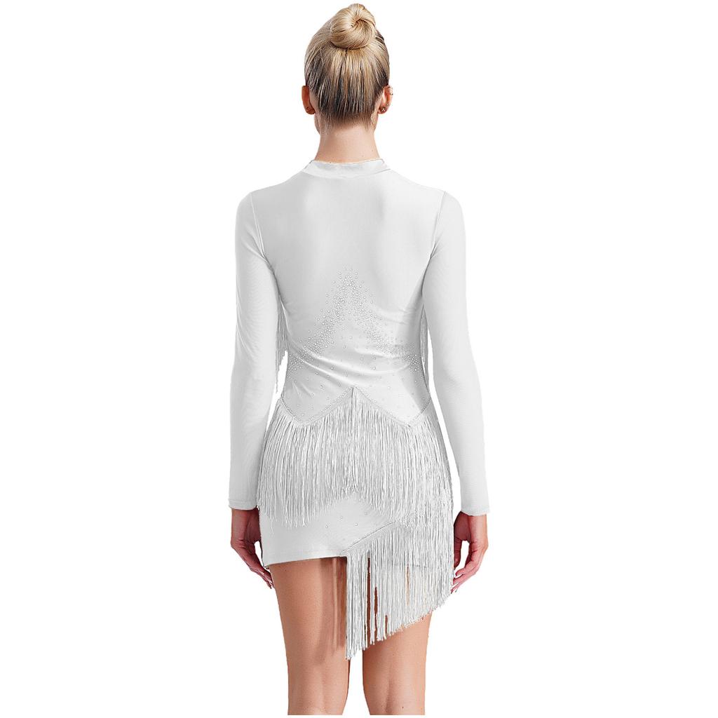 Женское платье для латинских танцев с V-образным вырезом и длинным рукавом, блестящая бахрома из страз, костюм для выступлений в стиле танго, румба, ча-ча-ча