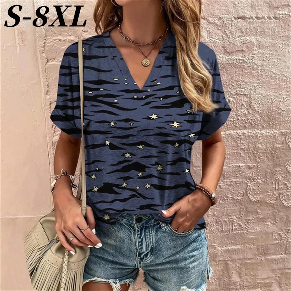 S-8XL Футболка размера плюс Летние повседневные топы с коротким рукавом Футболки Женские футболки Модная V-образная горловина Женская одежда больших размеров