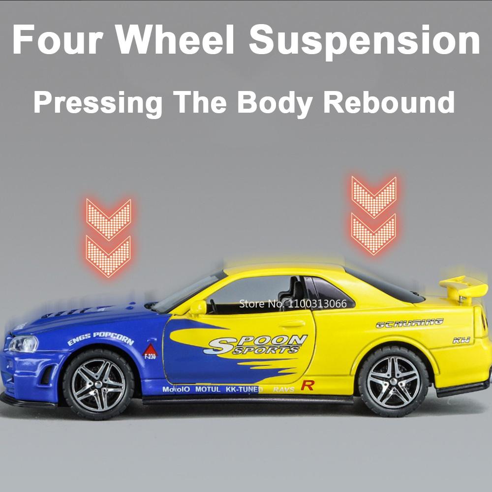 1/32 Nissan GTR R34 Модель автомобиля Игрушки Металлические литые имитационные транспортные средства со светом и инерционными игрушками Коллекция для мальчиков Подарки на праздники