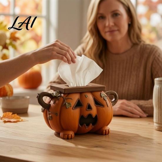 Autumn Seasonal Gifts Halloween Pumpkin Tissue Decorative Facial Resin Box Holder Funny Face Holder Cover for Home Office Kitchen Living Room