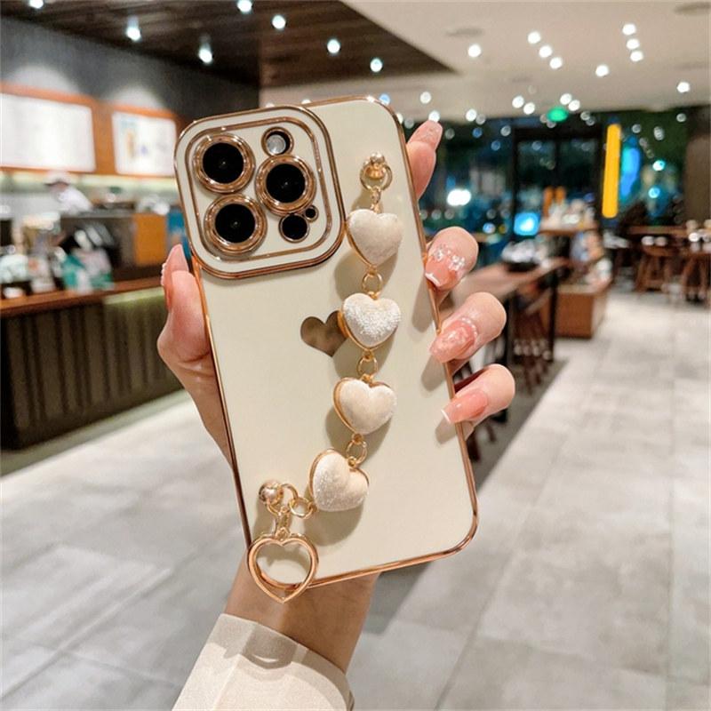 Роскошный мягкий чехол-браслет Love Heart для iPhone 11 12 13 14 15 16 Pro Max XS X XR 7 8 Plus SE 2020 2022, защитный бампер, задняя крышка