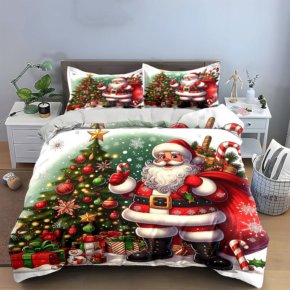 Santa Claus Christmas Tree Set Bedding Duvet Cover Set Duvet Cover Pillowcases (1*Duvet Cover 2*Pillowcases, without duvet insert)