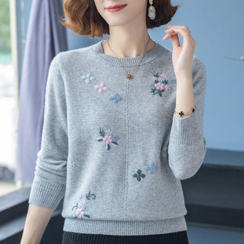 Весна Осень Женский свитер с круглым вырезом Вышитый свободный трикотажный свитер больших размеров Трикотажный топ с эластичным вязанным узором