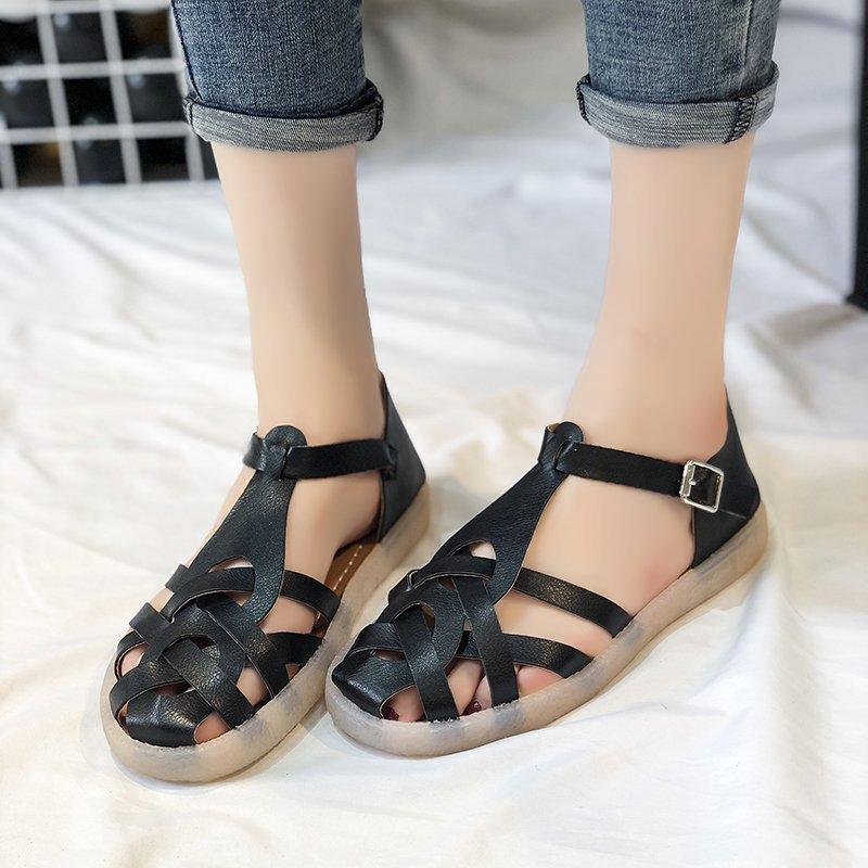 Полые римские сандалии в стиле ретро, ​​женские летние женские сандалии на плоской подошве с круглой пряжкой и пряжкой