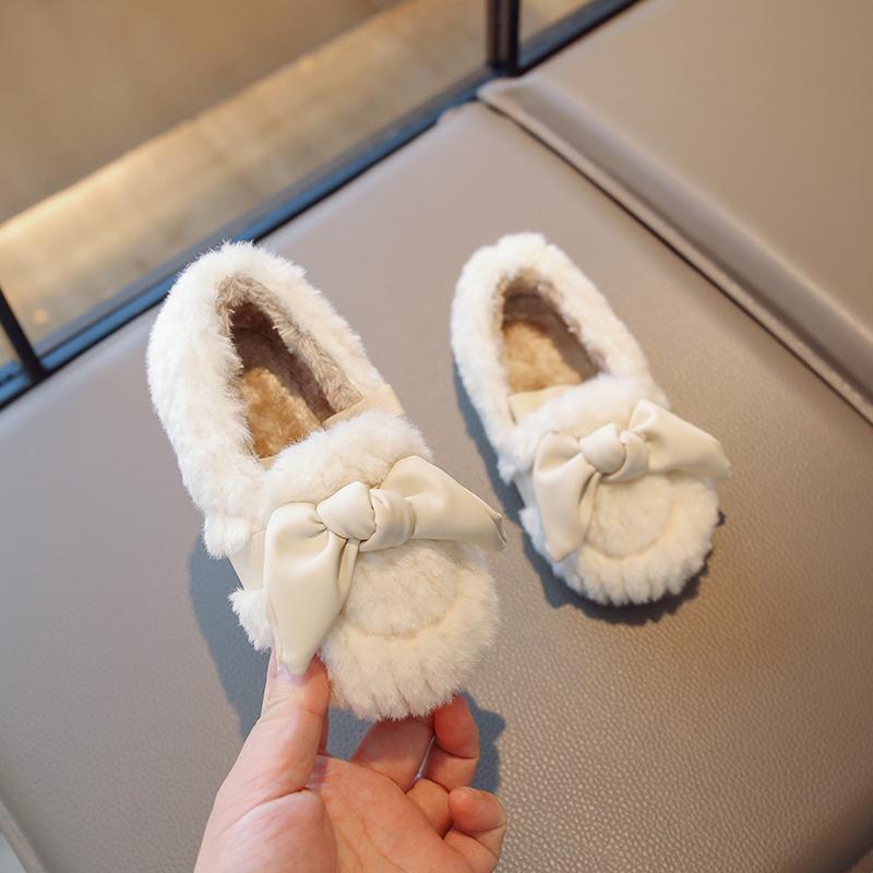Модные детские туфли для девочек, детские, зимние, плюшевые, меховые, с бантом, теплые, хлопковые, дизайнерские, милые, для малышей, принцессы, повседневные, туфли на плоской подошве