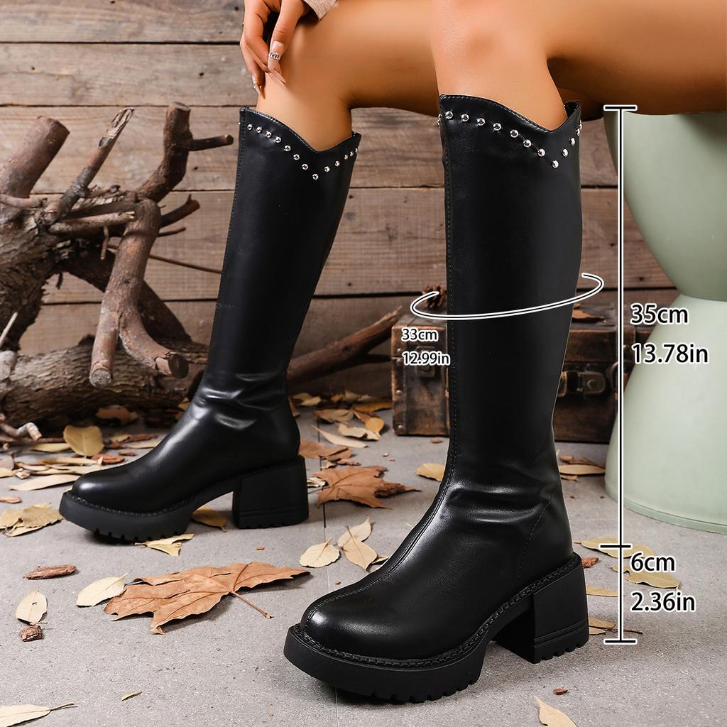 Женские однотонные ботинки на массивном каблуке, модные ботинки до колена на платформе с отделкой заклепками, женские осенне-зимние длинные боты из искусственной кожи