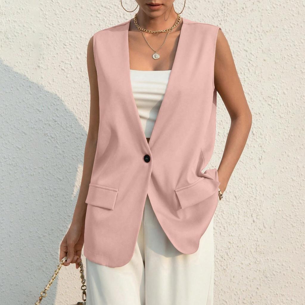 Ladies Summer Suit Jacket Work Casual Sleeveless V-Neck Single Button Solid Color Suit Vest