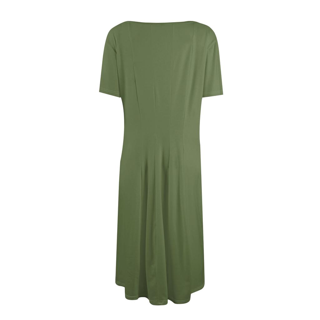 Женское повседневное и модное платье с круглым вырезом и коротким рукавом, однотонное, средней длины