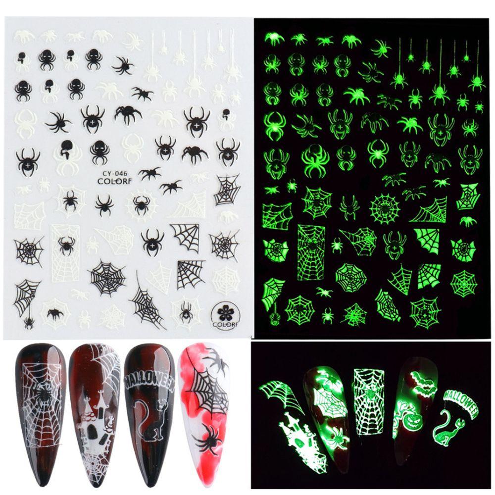 Adhesive Skull Pumpkin Spider Web Manicure Luminous 3D Halloween Nail Stickers Glow In The Dark