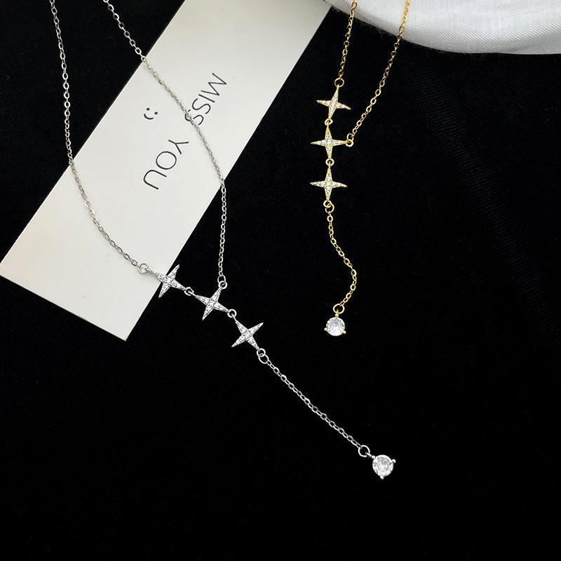 Ожерелье Banyan Tree S925 Silver Zircon Star Tassel для женщин - простая четырехконечная звезда с дизайном ключичной цепочки