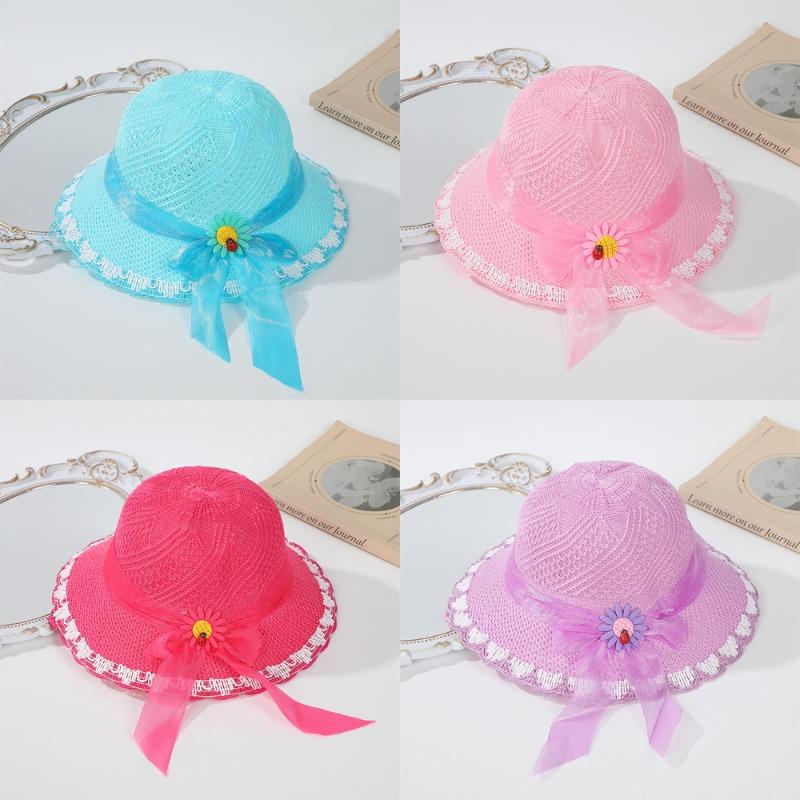 Летняя милая детская шляпка для прогулок, цветная сетчатая шляпка с цветочным бантом, милая уличная шляпка от солнца, дышащая