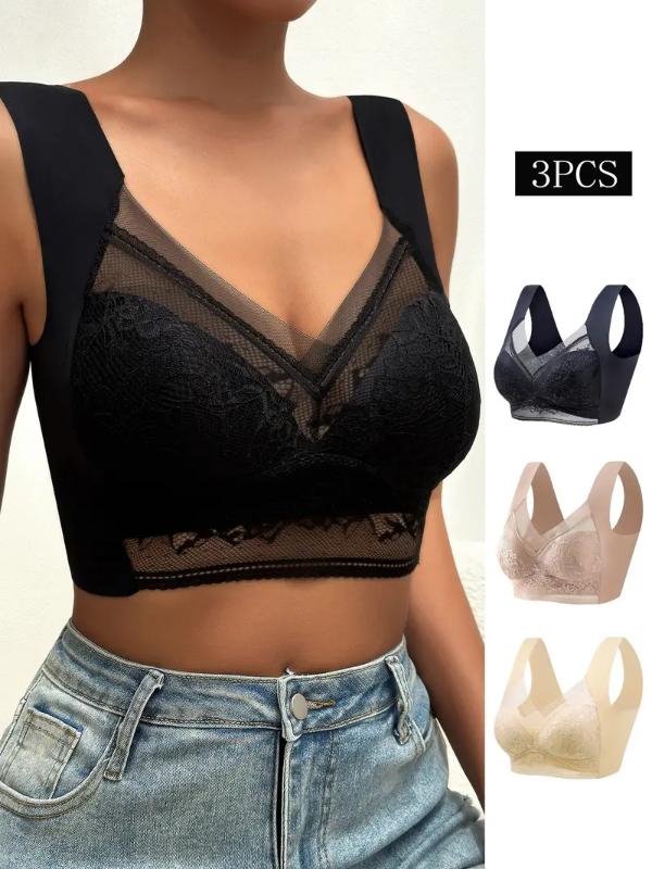 3pcs Contrast Lace Wireless Bras, Comfy & Breathable Push Up Bra, Women's Lingerie & Underwears