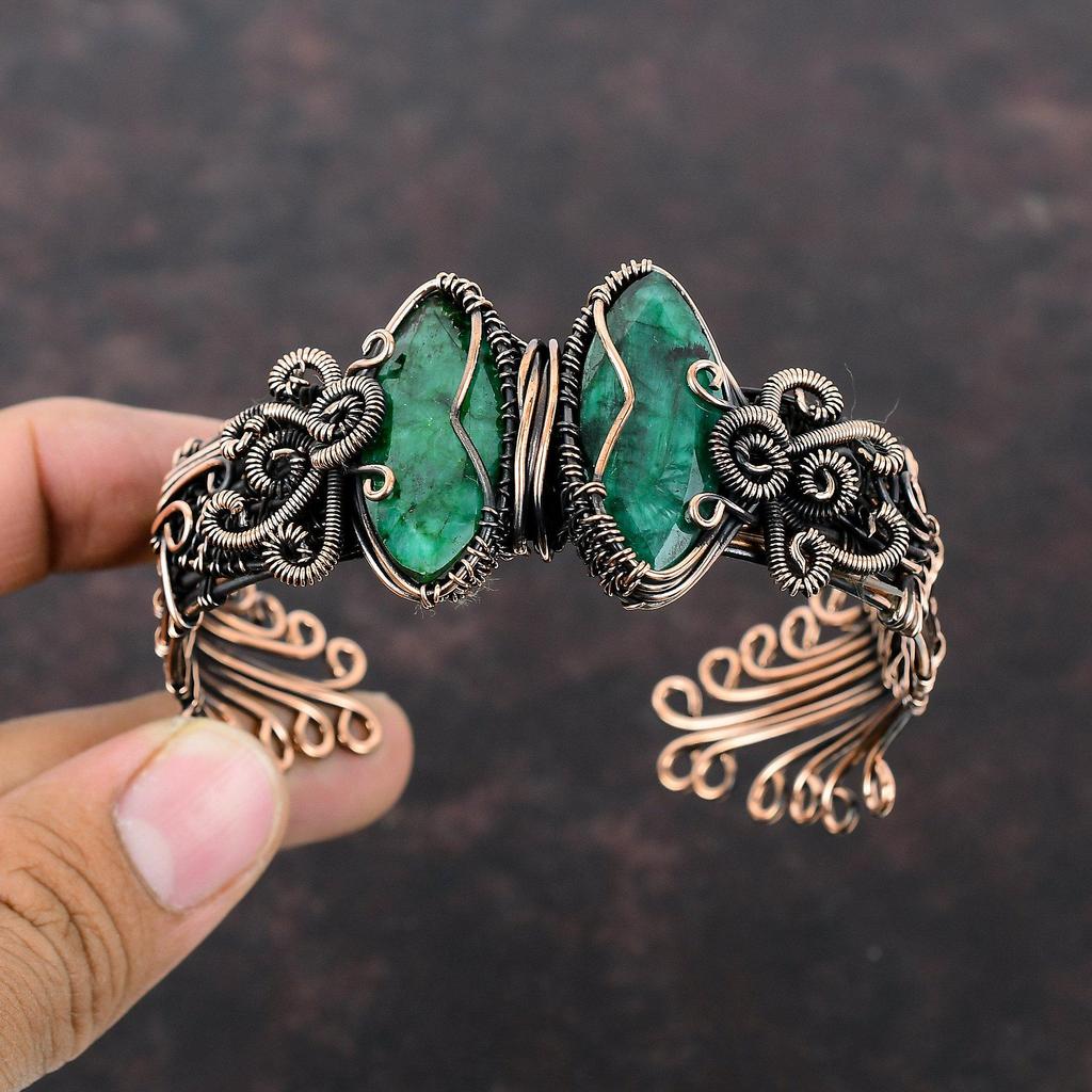 Браслет-манжета с граненым замбийским изумрудом, браслет с драгоценными камнями, медная проволока, регулируемый браслет, медные ювелирные изделия, браслет для подарка, ювелирные изделия ручной работы