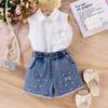 Модный костюм для девочек, летний детский безрукавный топ, джинсовые шорты с бисером