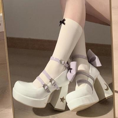 Туфли женские Мэри Джейн на высоком толстом каблуке, белые, фиолетовые, с бантом, в стиле Сейлор Мун