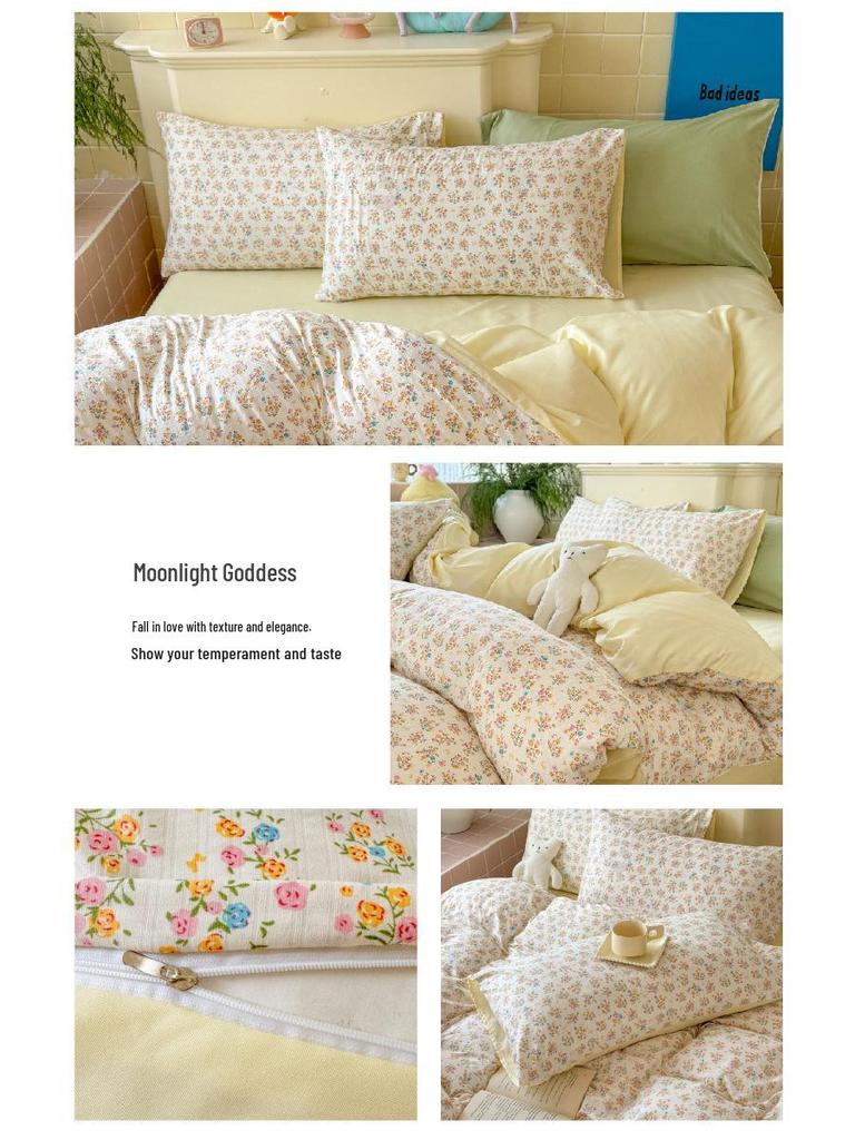 Комплект постельного белья из четырех предметов на лето из двухслойной марли класса А с цветочным принтом и пузырчатого хлопка