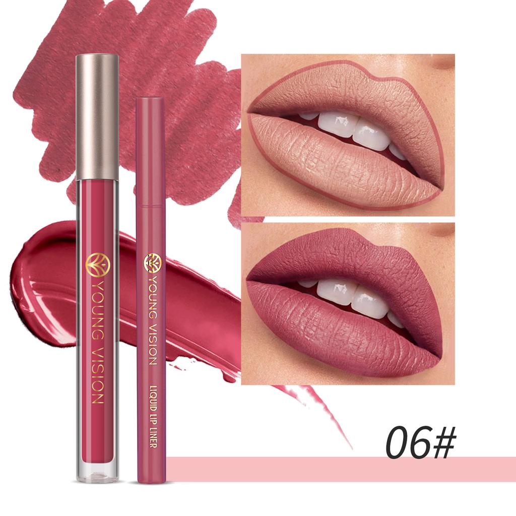 YOUNG VISION Lip Glaze + Lip Liner 2 Sets of Lip Liner Are Not Easy To Stick Cup Lip Glaze