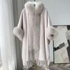 Пальто с накидкой-шалью, осенне-зимнее женское вязаное пальто с капюшоном в стиле ретро с большим меховым воротником