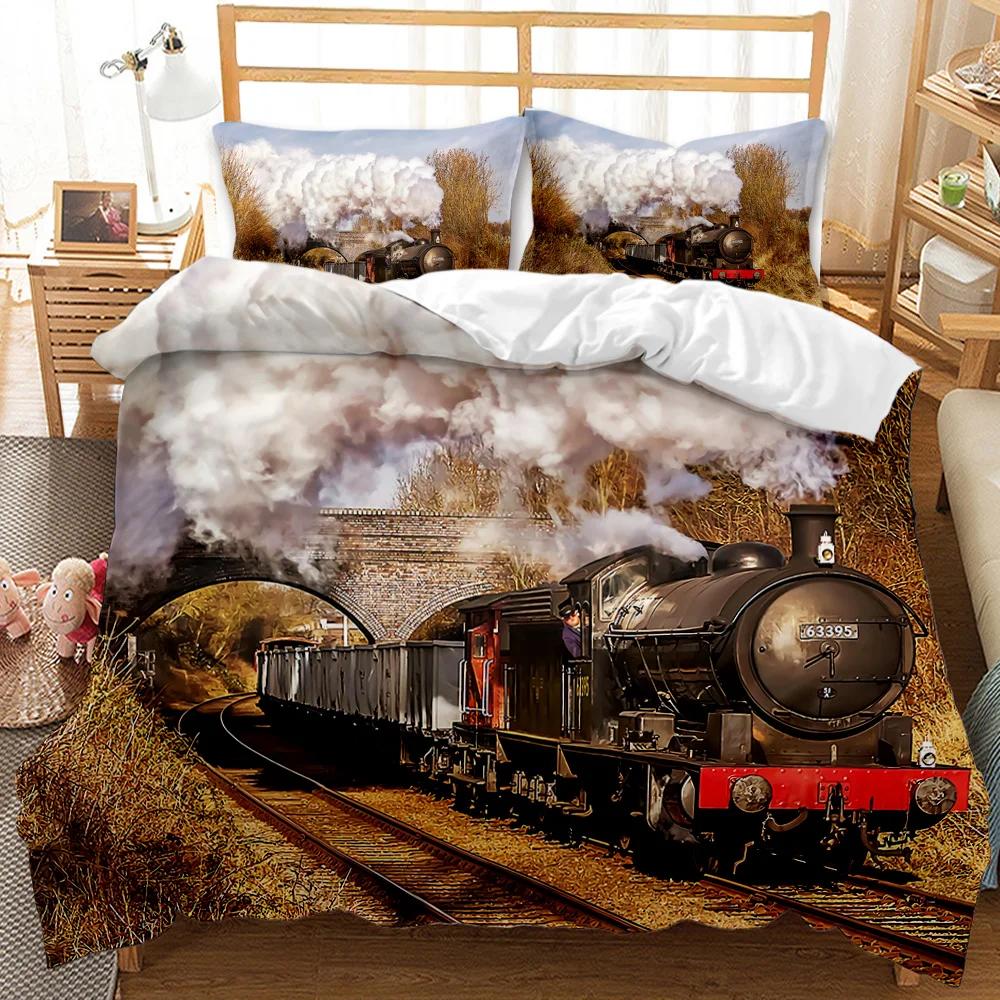 Пододеяльник с паровозом, цифровая иллюстрация локомотива на стальном железнодорожном пути, искусство приключений, полиэстеровый чехол для квилта
