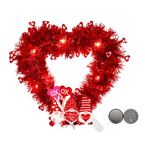 Prelit Valentine's Day Heart Shaped Wreath with String Light Red Tinsel Wreath with Foil Hearts for Wedding Anniversary Front Door Wall Decor