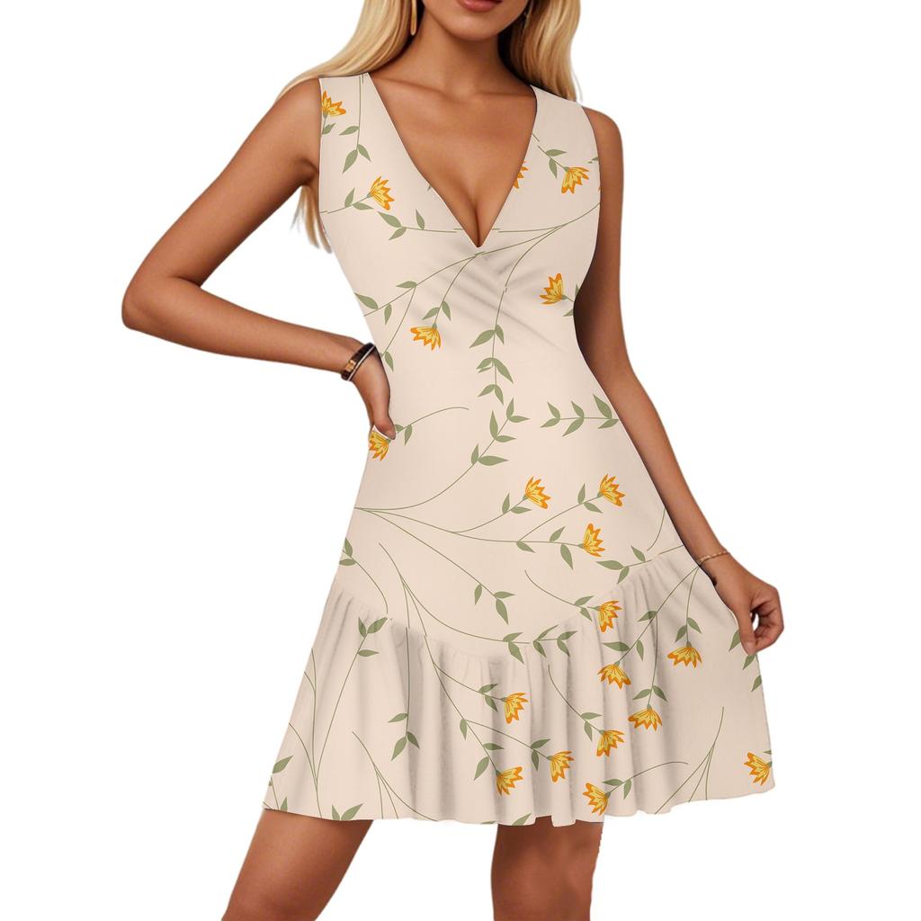 Женское летнее платье с V-образным вырезом, без рукавов, повседневное, с цветочным принтом, с плиссированным подолом