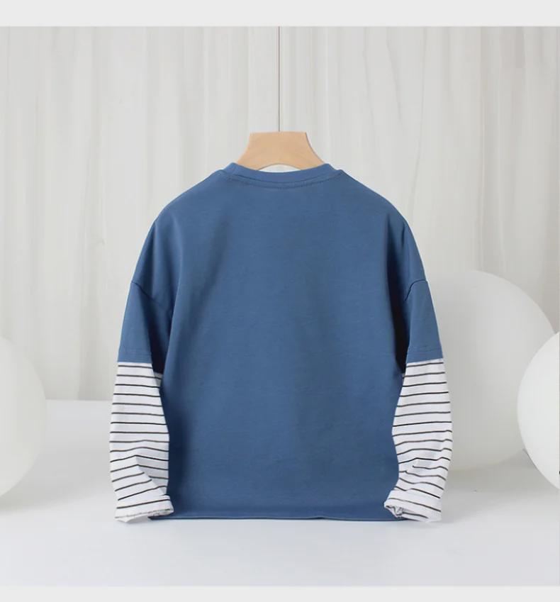Футболки из двух частей для детей в корейском стиле с длинными рукавами и круглым вырезом для мальчиков на весну и осень