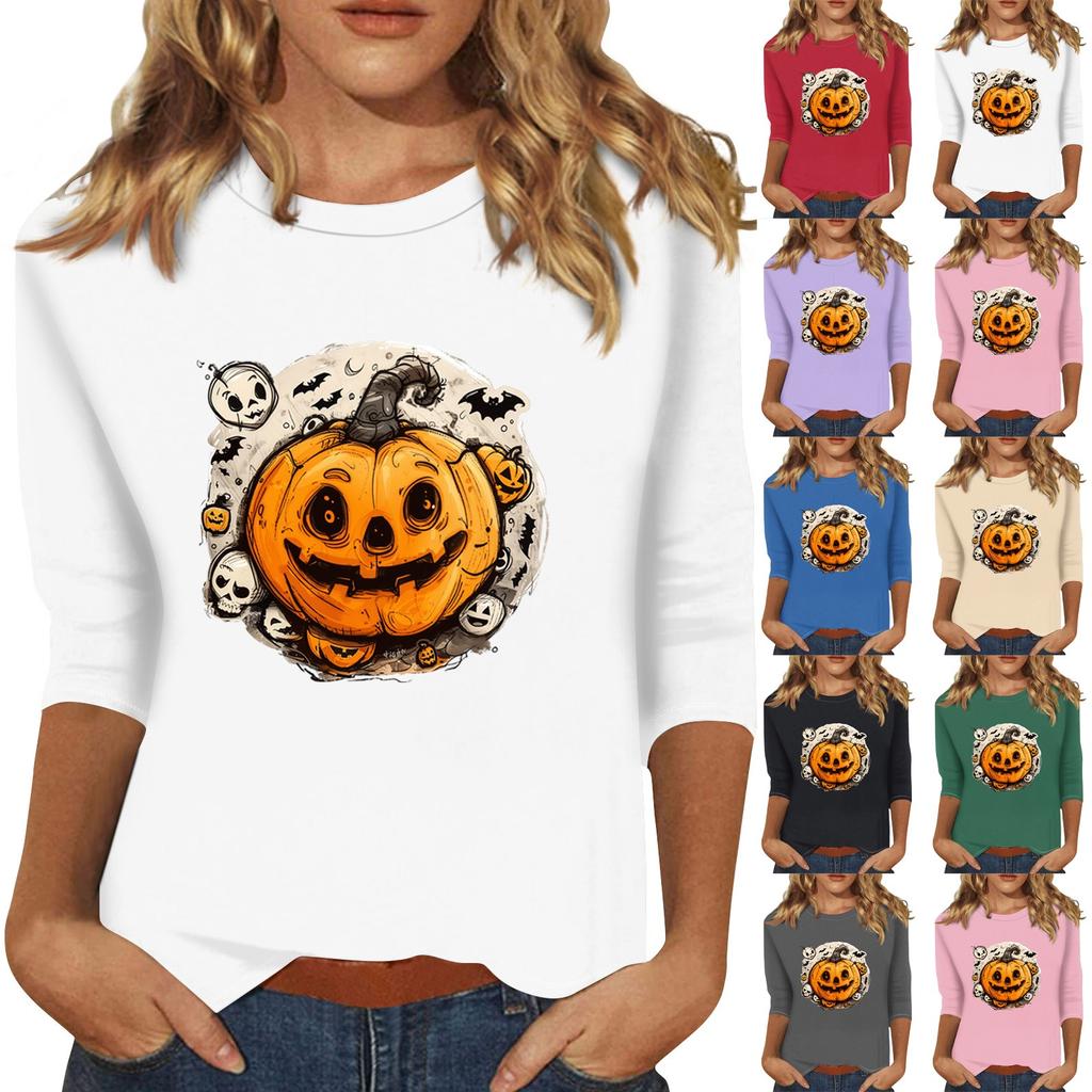 Women's Fashion Casual Three-quarter Sleeve Halloween Printed Round Neck Top