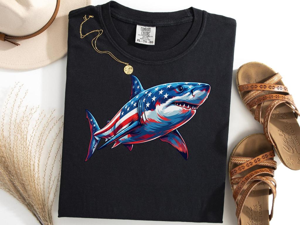 Great White Shark American Flag Shirt, 4th Of July Shark Tee