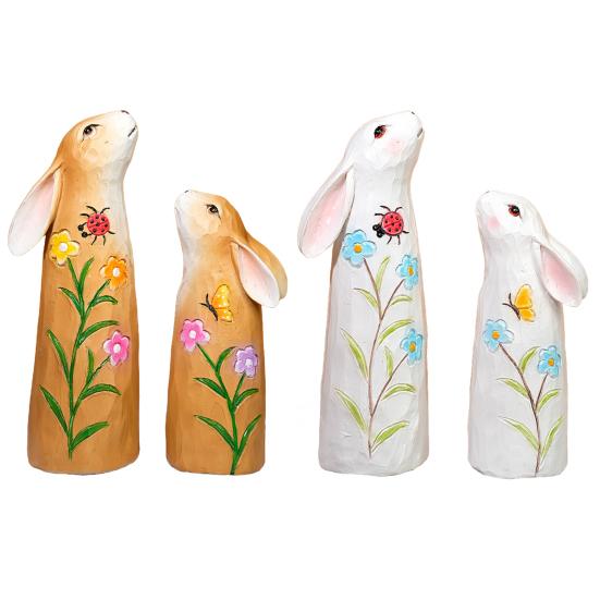 1 Pair Easter Bunny Figurine Carving Flower Butterfly Ladybird Rabbit Statue Animal Sculpture Holiday Party Desktop Decoration Ornament