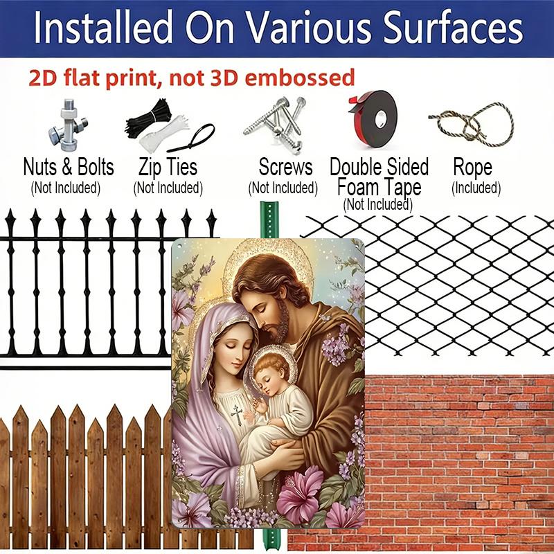 2D Flat Holy Family Virgin Mary Joseph Nativity Scene Floral Aluminum Metal Sign‑8.0x12.0inch Catholic Religious Wall Decor, Christian Chapel Home