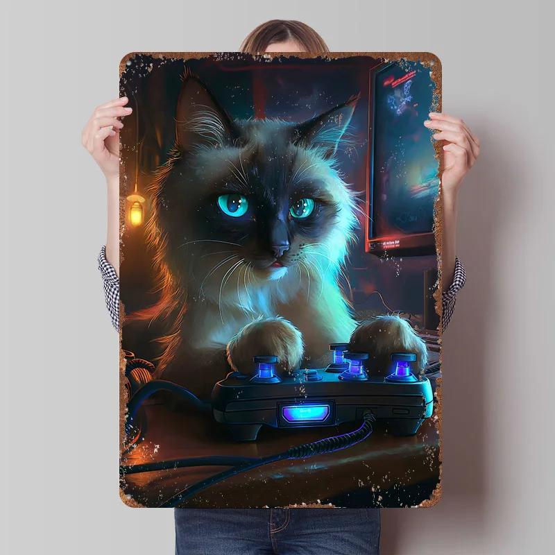 Gamer Cat With Controller and Screen Printed Poster Customized Wall Art Retro Vintage Metal Tin Signs for Wand Deko Home Decor