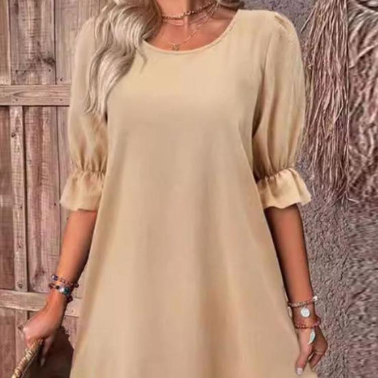 Casual Dresses - Summer Loose A-line Midi Dress Women Solid Color Big Swing Ruffle Patchwork O Neck Pullover Knee Length Mid Sleeves Dress