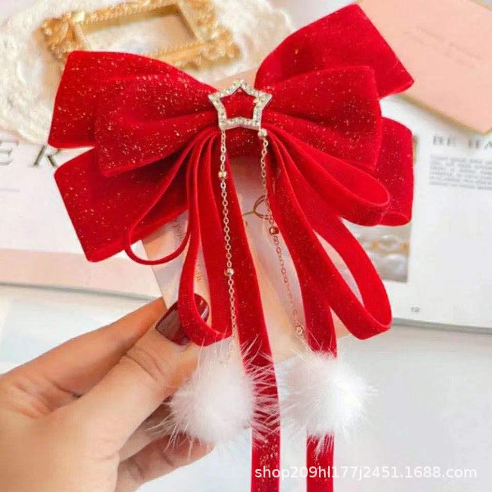 Праздничные красные новогодние аксессуары для волос: Ленты, банты, шпильки, головные уборы и заколки с кисточками для девочек