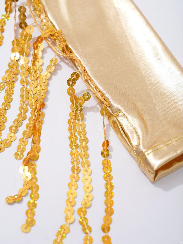 Girls Shiny Sequin Crop Top Keyhole Back Sleeveless Shorts Metallic Gloves Tassels Stage Costume