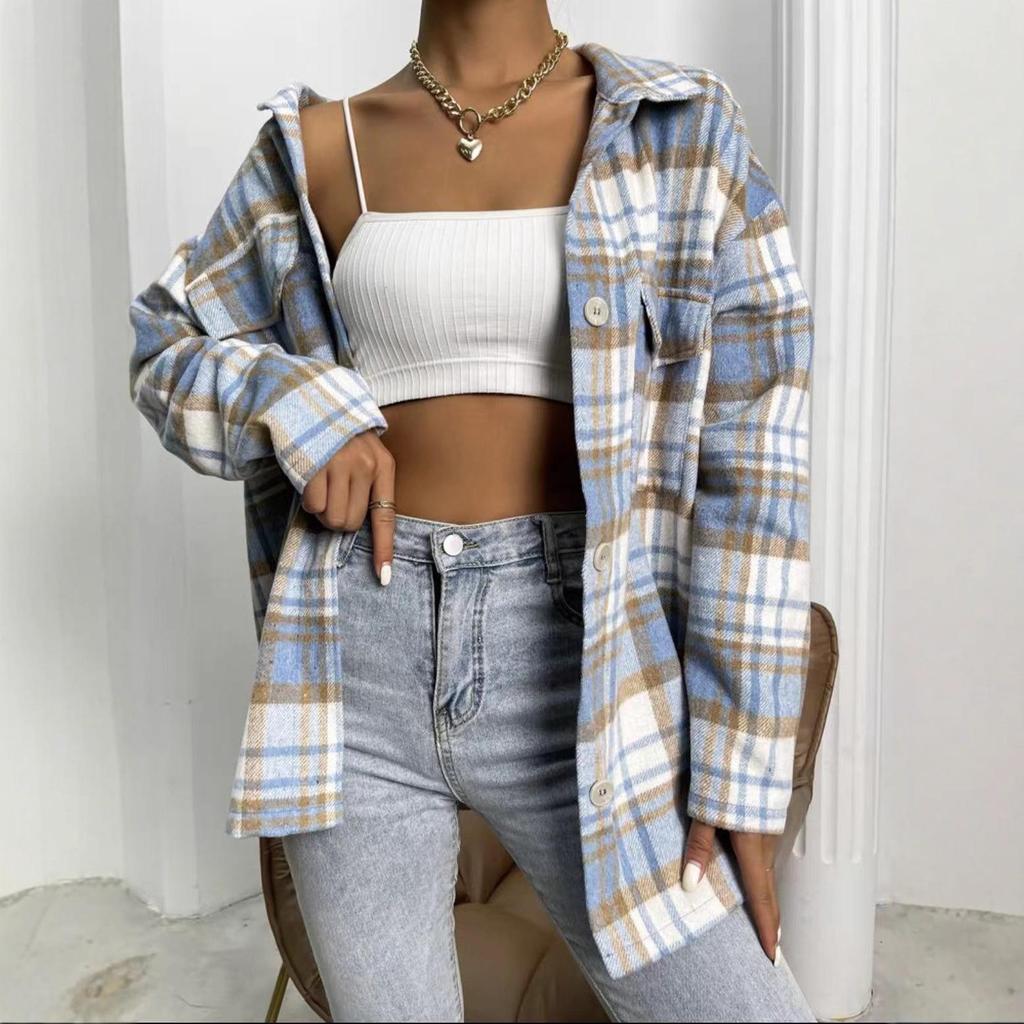 European American Women's Flannel Plaid Casual Loose Shirt Jacket