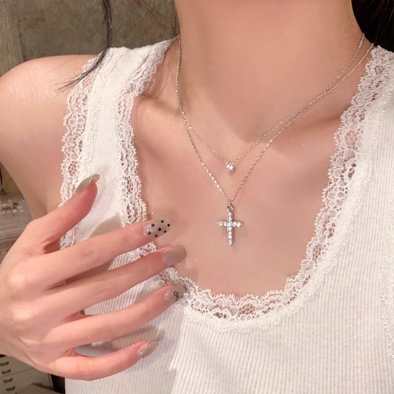 Women's Titanium Steel Sparkling Diamond Cross Necklace with Layered Clavicle Chain and Nose Stud