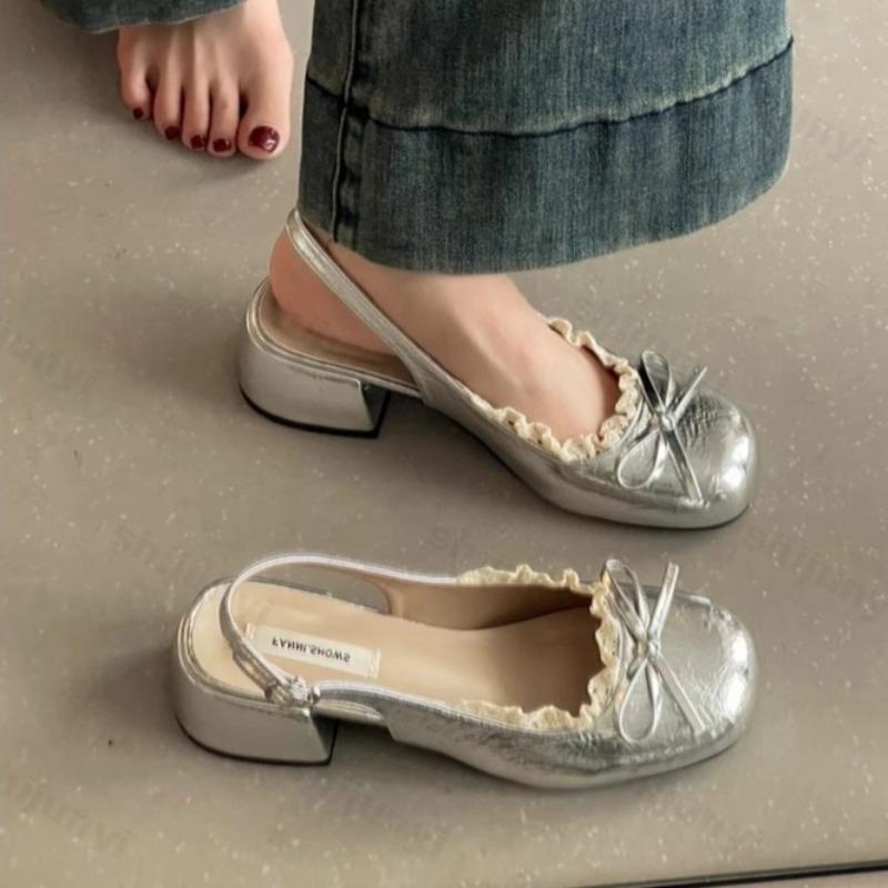 Летние Женские Сандалии Кружево Толстый Каблук Модные Бант-бабочка Женские Закрытый Носок Платье Тонкие Ремешки Бант Мэри Джейн Балетные Сандалии