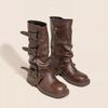 Leather Thick-soled Belt Buckle Western Boots Women's Mopping Boots Pleated Pile Boots Medium Length Pants Tube Boots Women
