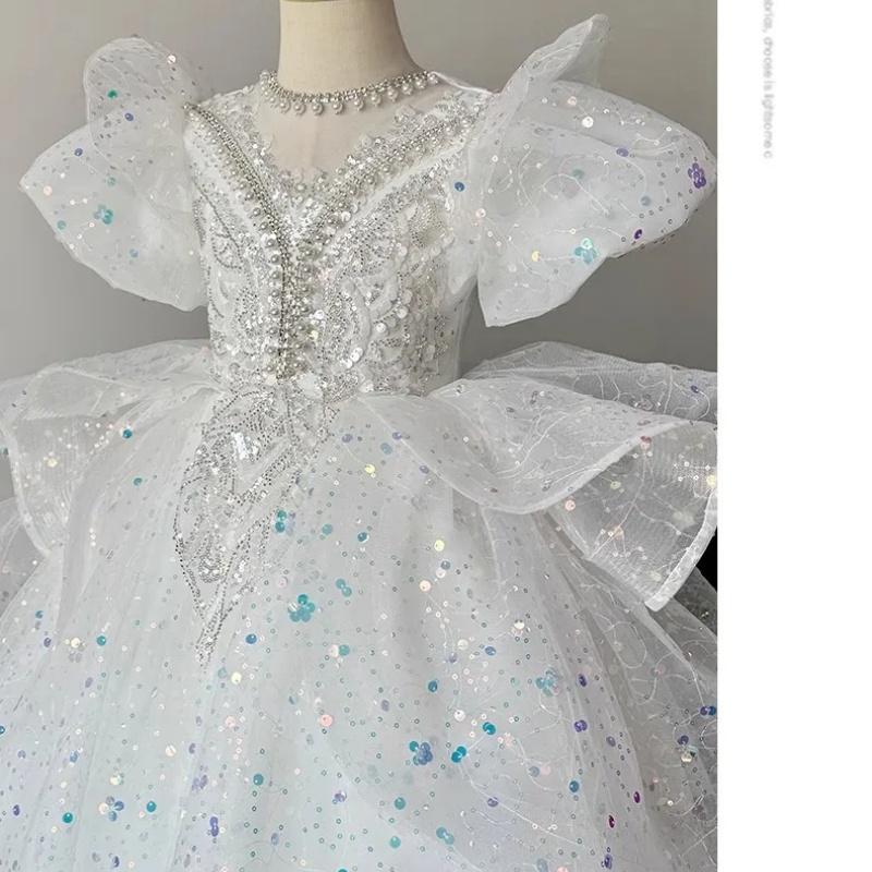 2025 Baby Girl Princess Dress Sequin Party Dresses for Children Puff Sleeves Clothing Classy Flower Girls Costume for Wedding