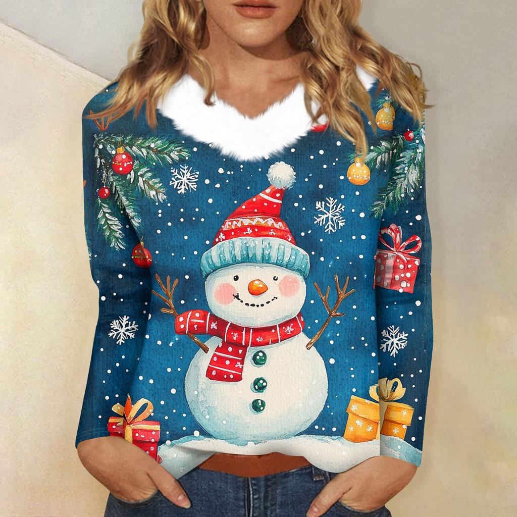 Женская футболка с длинным рукавом, рождественская вечеринка, плюшевый воротник, топ с V-образным вырезом