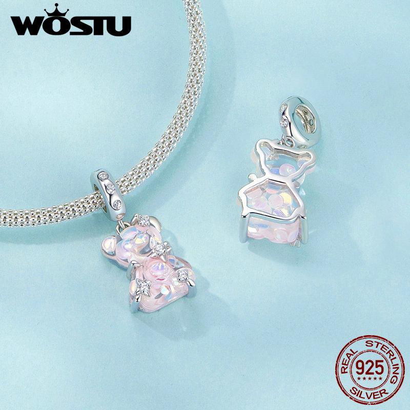 WOSTU Настоящее стерлинговое серебро 925 пробы Розовый мишка Принцесса Бусины Синяя Красная роза Медведи Подвески Шармы Подходят для браслета Ожерелья DIY Подарок на день рождения