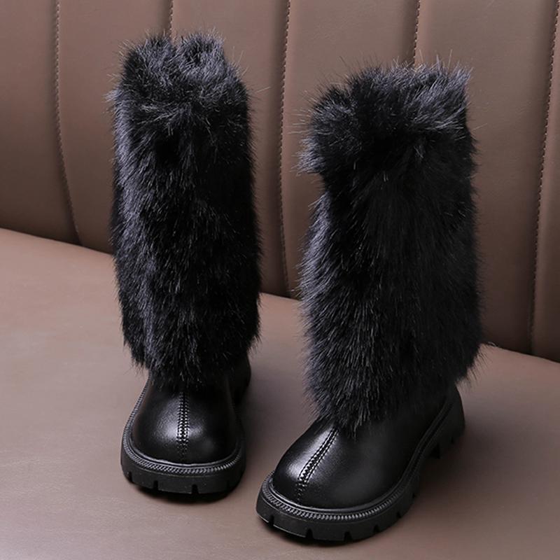 Warm Long Plush Rear Zip Knee Boots Girl 2025 Winter Comfort Thick Bottom Non Slip Booties Fashion Solid Faux Fur Boots Child