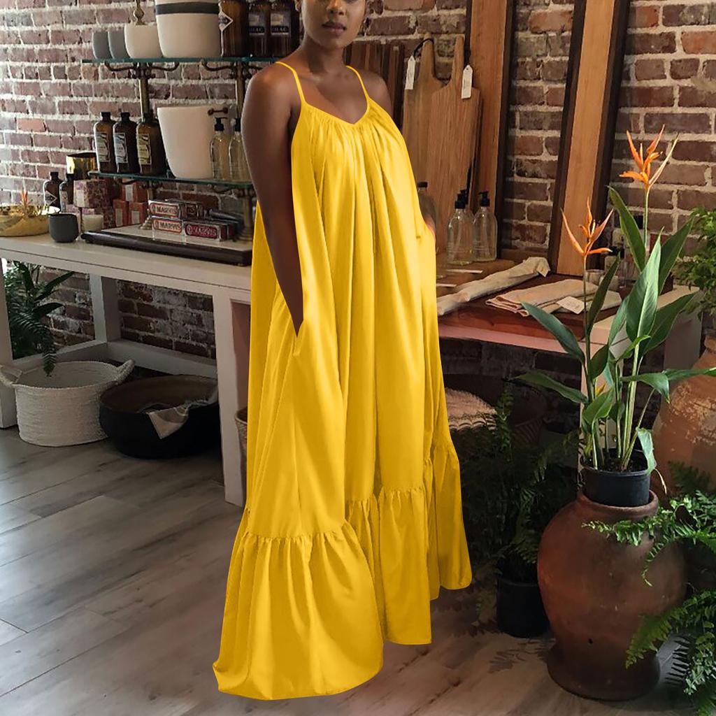 Женское модное повседневное однотонное платье на бретельках с карманом, свободное платье с открытой спиной, большое распашное платье