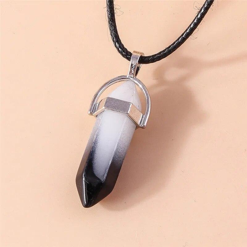 Натуральный камень, кварц, лазурит, опал, аметист, розовый хрустальный камень, шестиугольная колонна, кулон, ожерелья, кожаная цепочка, ожерелье-пуля