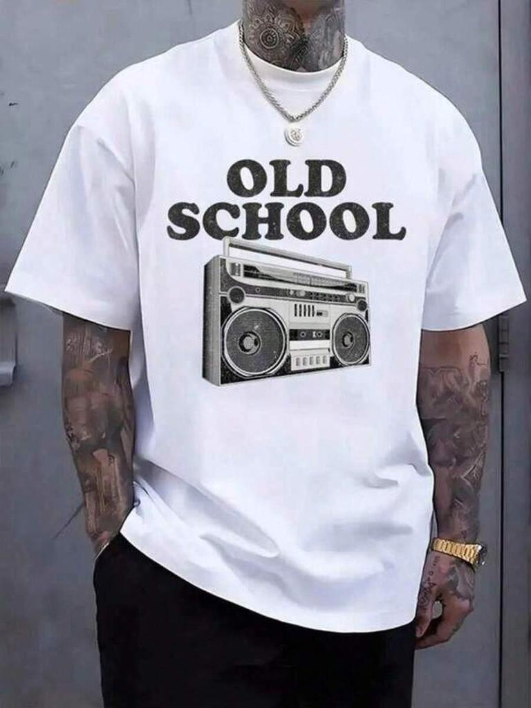 Unisex's Heavyweight White T-Shirt Crew Neck Casual Essential Tee Old School Boom Box Retro 80S Rap Music Funny Tape Deck Gift T-Shirt