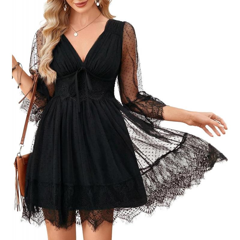 2026 summer lace premium temperament loose lazy splicing deep V-neck pleated dress
