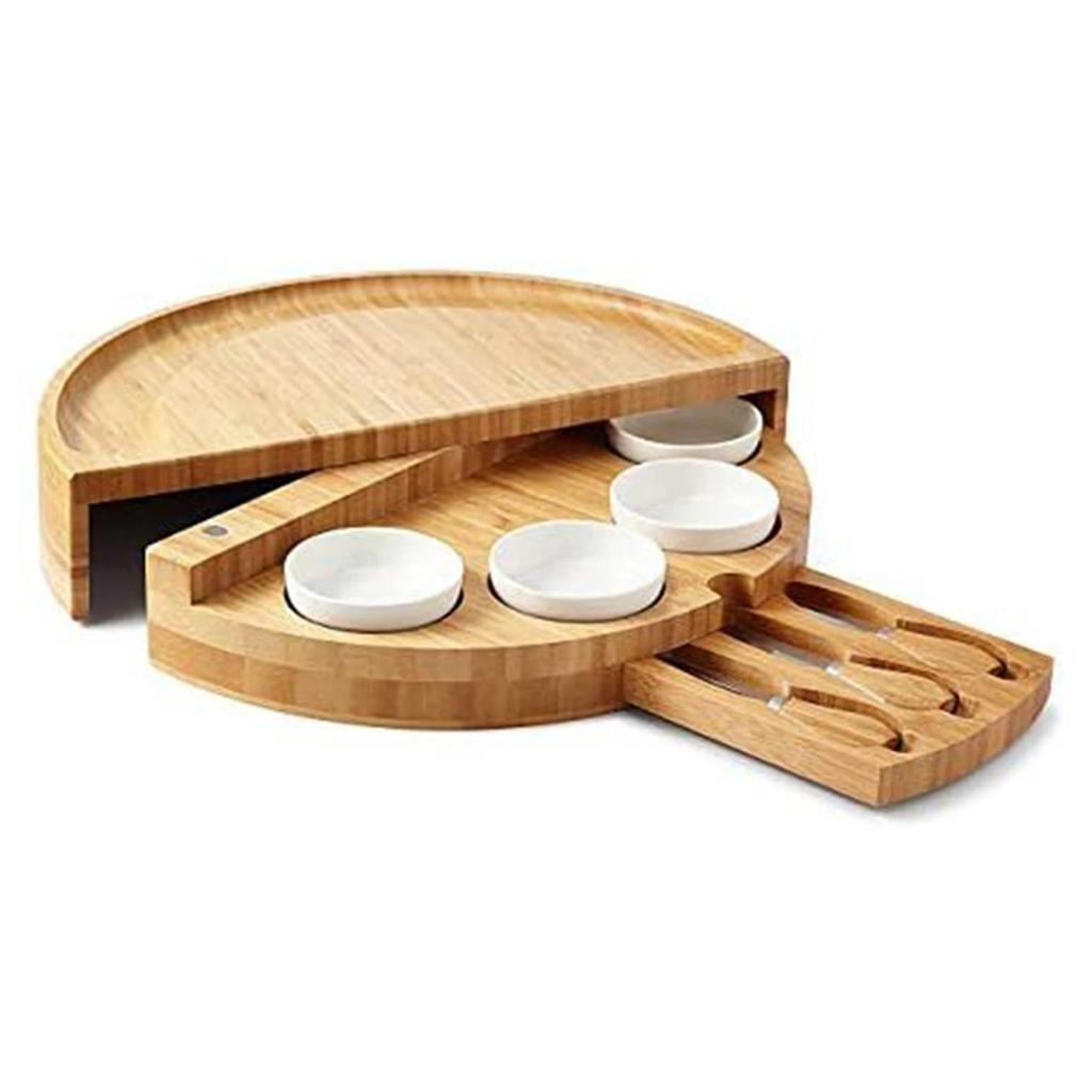 Bamboo Cheese Plate Wooden Breadboard Cutlery Cutter Set Cheese Charcuterie Board With Slide Out Drawer Cooking Tools