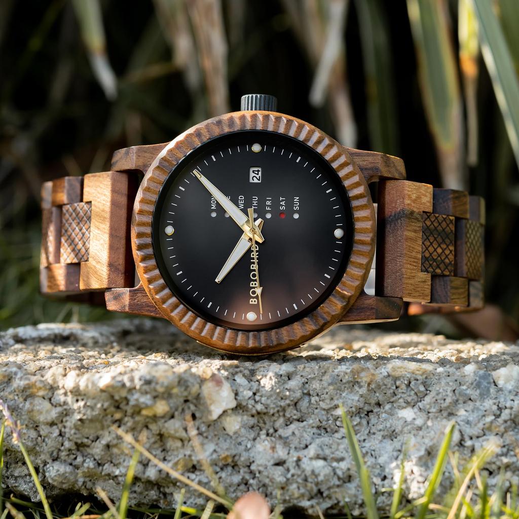 BOBO BIRD Мужские деревянные часы с аналоговым кварцевым механизмом, отображением дня и даты, легкие мужские наручные часы ручной работы из дерева (черный)